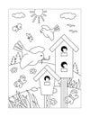 Coloring page with birds, nestlings, birdhouses Royalty Free Stock Photo